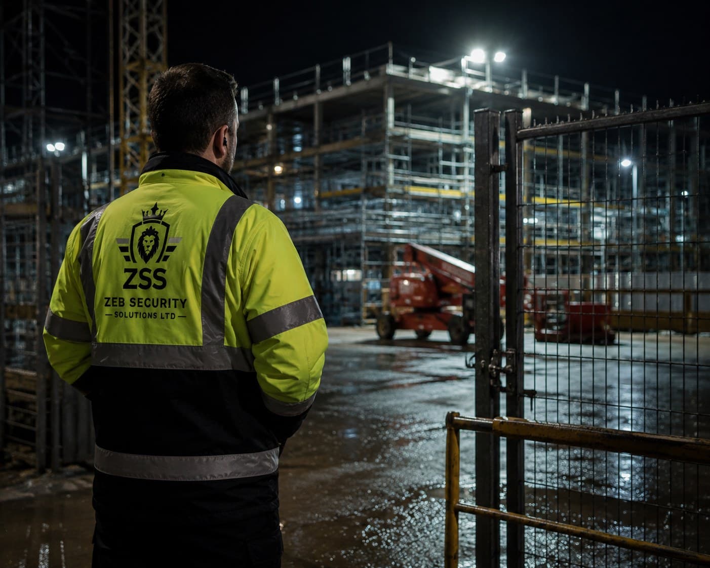 A Zeb Security officer watching over a construction site after dark